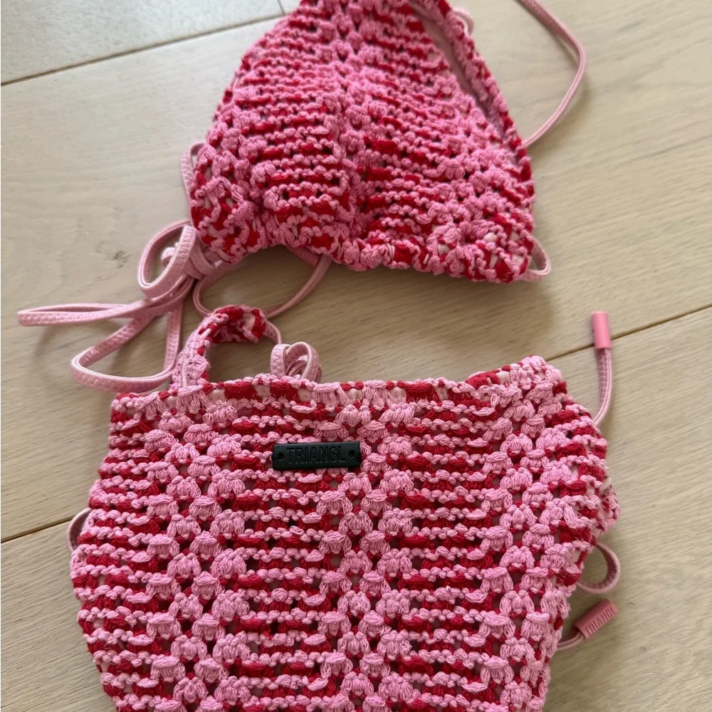 triangl swimwear Pink Crochet Tie-Side Triangle Bikini Set